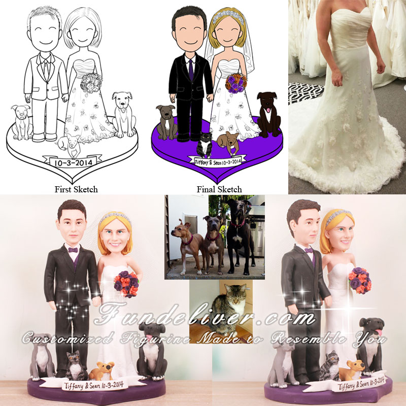 Bride Groom and Pets Wedding Cake Toppers
